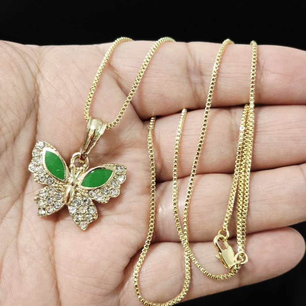18k Gold Plated  and Green Butterfly Necklace with Sparkling Accents